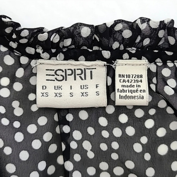 ESPRIT  Blouse Top Black White Polka Dots Semi Sheer Ruffle Long Sleeves Size XS - Picture 9 of 14